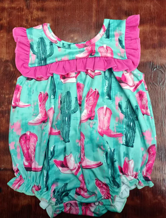 5.16 Preorder moq 5 Baby Girls Sleeveless Pink Boots Cactus Ruffle Rompers