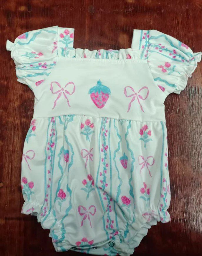 5.16 Preorder moq 5 Baby Girls Short Ruffle Sleeves Pink Bows Strawberry Floral Rompers