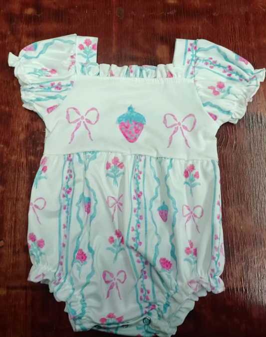 5.16 Preorder moq 5 Baby Girls Short Ruffle Sleeves Pink Bows Strawberry Floral Rompers