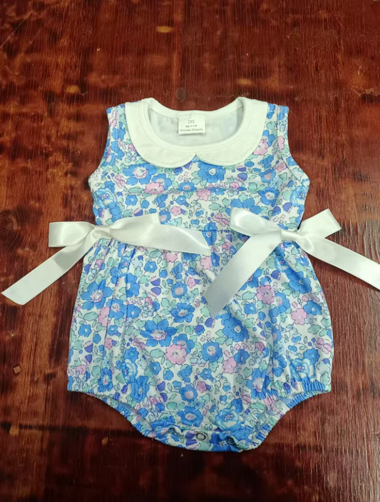 5.16 Preorder moq 5 Baby Girls Sleeveless Blue Floral Bows Ruffle Rompers