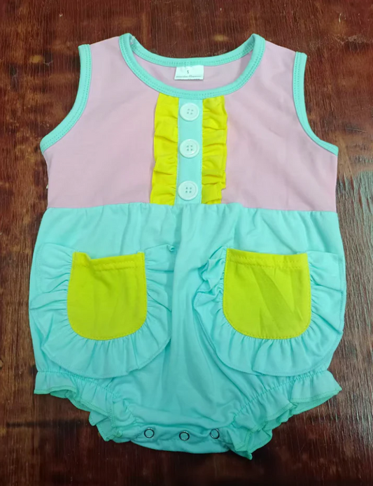 5.16 Preorder moq 5 Baby Girls Aqua Sleeveless Button Pockets Patchwork Ruffle Rompers