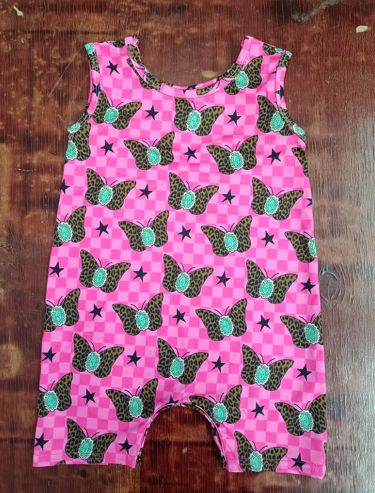 5.16 Preorder moq 5 Baby Girls Sleeveless Pink Plaid Leopard Butterfly Stars Short Rompers