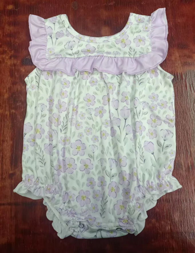 5.16 Preorder moq 5 Baby Girls Sleeveless Lavender Floral Ruffle Rompers