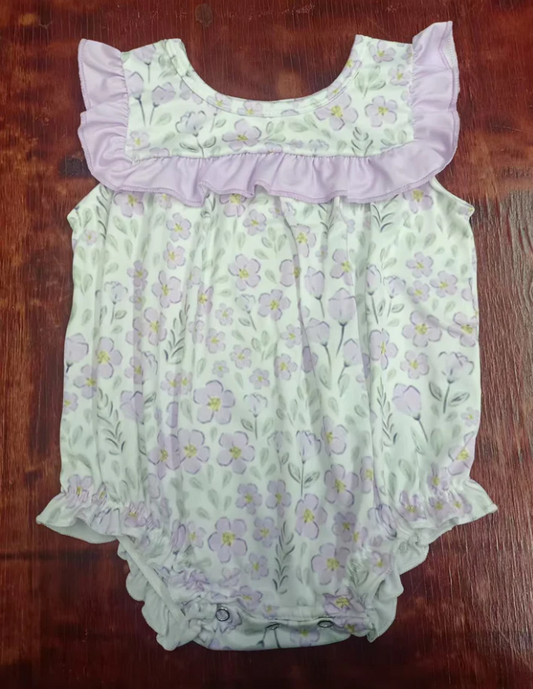 5.16 Preorder moq 5 Baby Girls Sleeveless Lavender Floral Ruffle Rompers