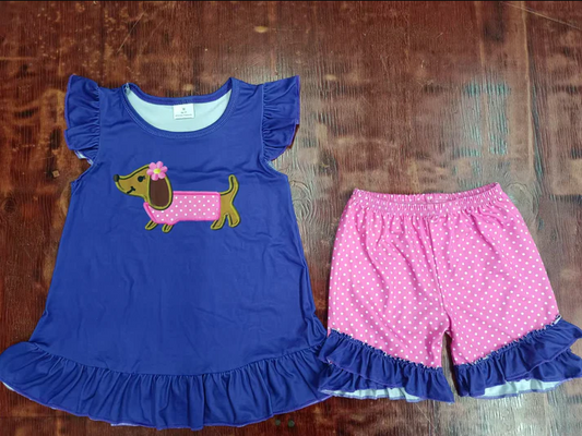 5.16 Preorder moq 5 Baby Girls Hot Blue Flutter Sleeves Dog Tunic Polka Dots Ruffle Short Set