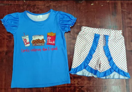 5.16 Preorder moq 5 Baby Girls Blue Short Ruffle Sleeves Chip Chicken Top Polka Dots Ruffle Short Set