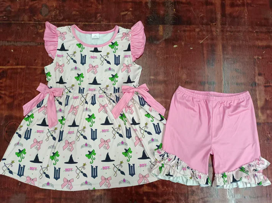 5.16 Preorder moq 5 Baby Girls Pink Flutter Sleeves Cartoon DEFV Bows Tunic Ruffle Short Sets