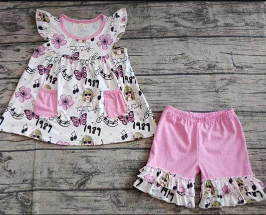 5.16 Preorder moq 5 Baby Girls Flutter Sleeves Butterfly Singers Pockets Tunic Ruffle Shorts Set