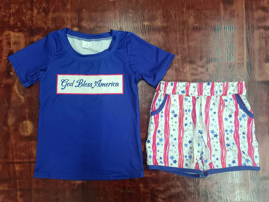 5.16 Preorder moq 5 Baby Boys Hot Blue God Bless America Top Stars Pockets Short 4th Of July Set