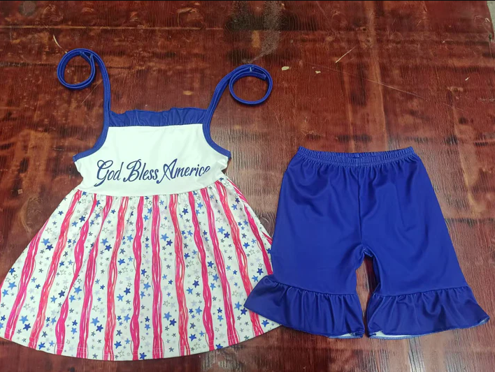 5.16 Preorder moq 5 Baby Girls Hot Blue Strap Stars Stripe Tunic Ruffle Short 4th Of July Set