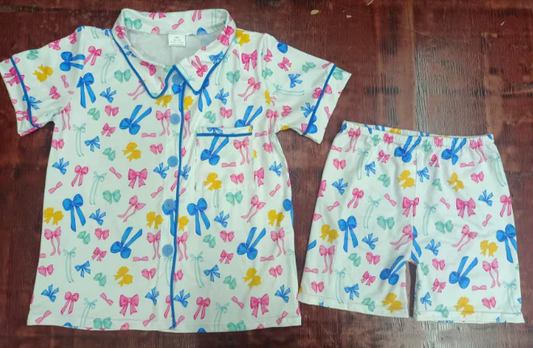 5.16 Preorder moq 5 Baby Girls Short Sleeves Colorful Bows Button Pocket Top Short Pajamas Set