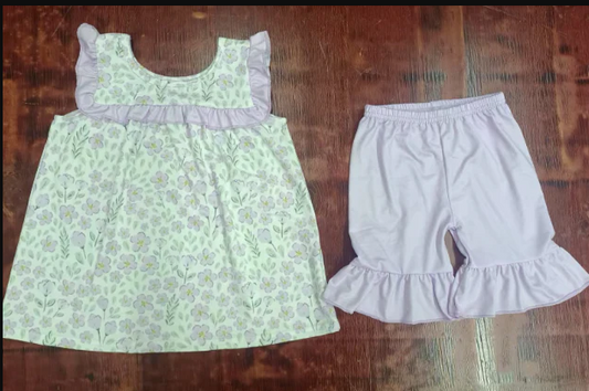 5.16 Preorder moq 5 Baby Girls Sleeveless Lavender Floral Tunic Ruffle Shorts Set