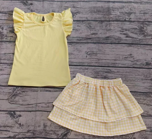5.16 Preorder moq 5 Baby Girls Yellow Flutter Sleeves Top Plaid Ruffle Skirts Set
