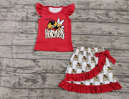 5.16 Preorder moq 5 Baby Girls Red Flutter Sleeves Hornets Top Ruffle Skirts Set