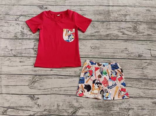 5.16 Preorder moq 5 Baby Boys Red Short Sleeves Pocket Top Cartoon Dogs Short Set