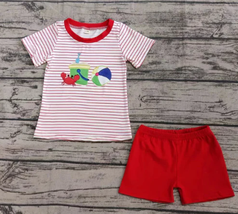 5.16 Preorder moq 5 Baby Boys Red Stripe Short Sleeves Crabs Beach Top Short Set