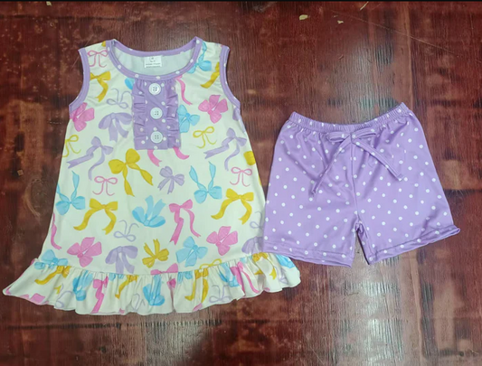5.16 Preorder moq 5 Baby Girls Sleeveless Colorful Bows Button Tunic Polka Dots Short Set