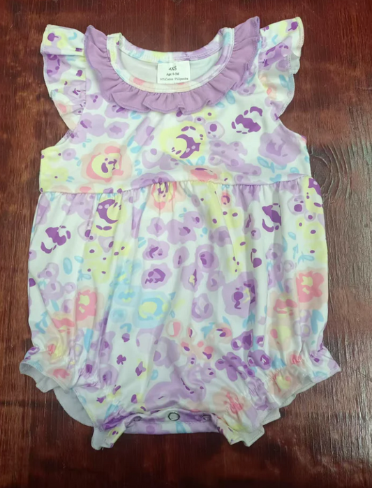 5.16 Preorder moq 5 Baby Girls Flutter Sleeves Lavender Floral Ruffle Rompers
