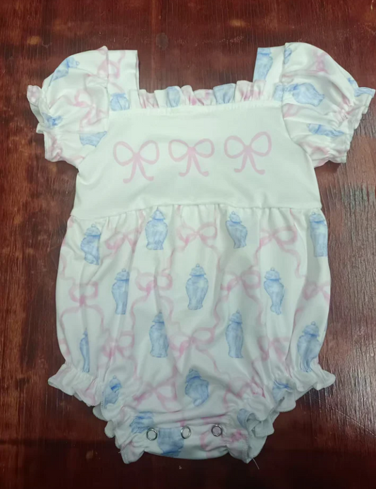 5.16 Preorder moq 5 Baby Girls Short Ruffle Sleeves Pink Bows Plaid Ruffle Rompers