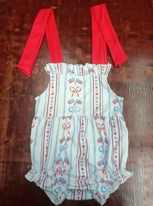 5.16 Preorder moq 5 Baby Girls Red Strap Blue Red Flags Bows Stripe 4th Of July Ruffle Rompers