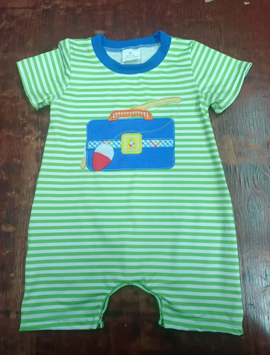 5.16 Preorder moq 5 Baby Boys Green Stripe Short Sleeves Fishing Shorts Rompers