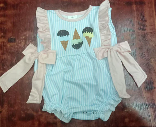 5.16 Preorder moq 5 Baby Girls Blue Stripe Sleeveless Ice Cream Bows Ruffle Rompers
