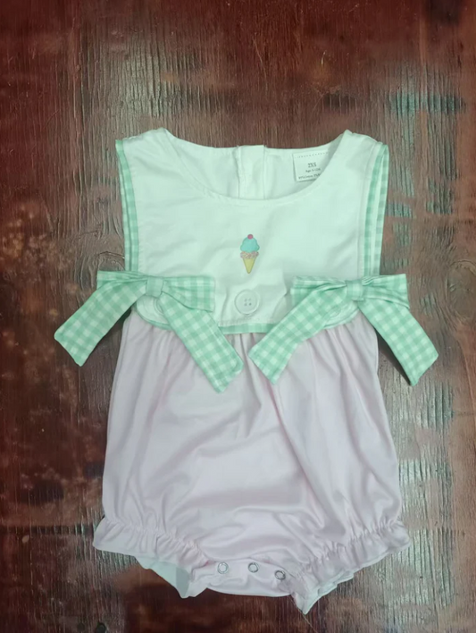 5.16 Preorder moq 5 Baby Girls Sleeveless Green Plaid Bows Ice Cream Button Ruffle Rompers