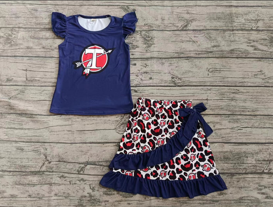 5.16 Preorder moq 5 Baby Girls Navy Flutter Sleeves T Top Leopard Ruffle Skirts Set