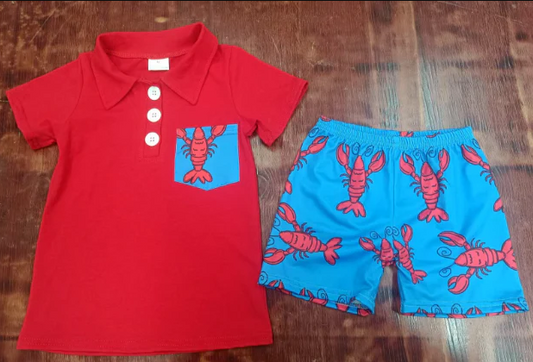 5.16 Preorder moq 5 Baby Boys Red Short Sleeves Button Pockets Top Blue Crayfishes Shorts Set