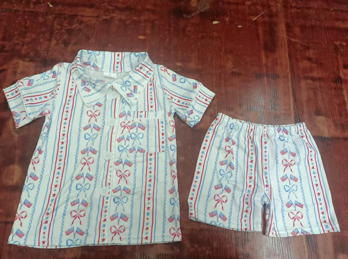 5.16 Preorder moq 5 Baby Girls Blue Red Bows Flags Button Pocket Top Short 4th Of July Pajamas Set