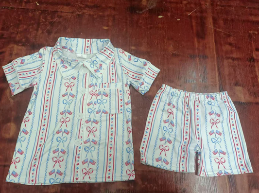 5.16 Preorder moq 5 Baby Girls Blue Red Bows Flags Button Pocket Top Short 4th Of July Pajamas Set