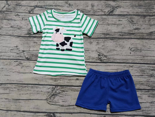 5.16 Preorder moq 5 Baby Boys Green Stripe Short Sleeves Cow Top Hot Blue Short Set