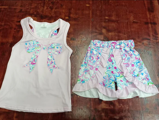 5.16 Preorder moq 5 Baby Girls Peach Sleeveless Floral Bow Top Ruffle Short Set