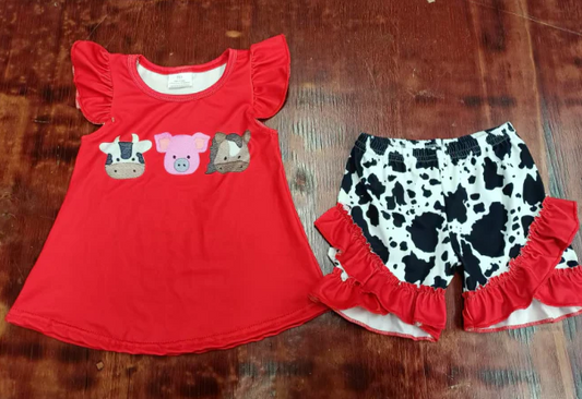 5.16 Preorder moq 5 Baby Girls Red Flutter Sleeves Horse Pigs Tunic Cow Print Ruffle Short Farm Set