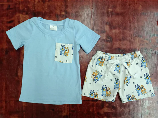 5.16 Preorder moq 5 Baby Boys Blue Short Sleeves Pocket Top Cartoon Dogs Stars Short Set
