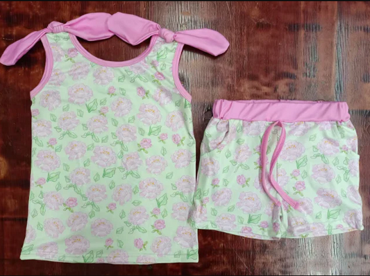 5.16 Preorder moq 5 Baby Girls Pink Strap Floral Top Pockets Short Set