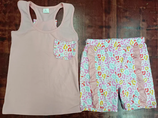 5.16 Preorder moq 5 Baby Girls Peach Sleeveless Bows Pocket Vest Colorful Leopard Ruffle Short Set