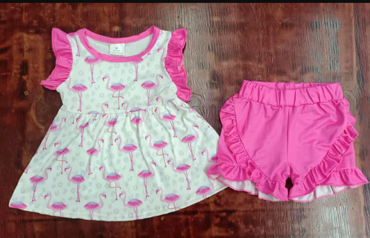 5.16 Preorder moq 5 Baby Girls Pink Sleeveless Flamingo Leopard Tunic Ruffle Short Set