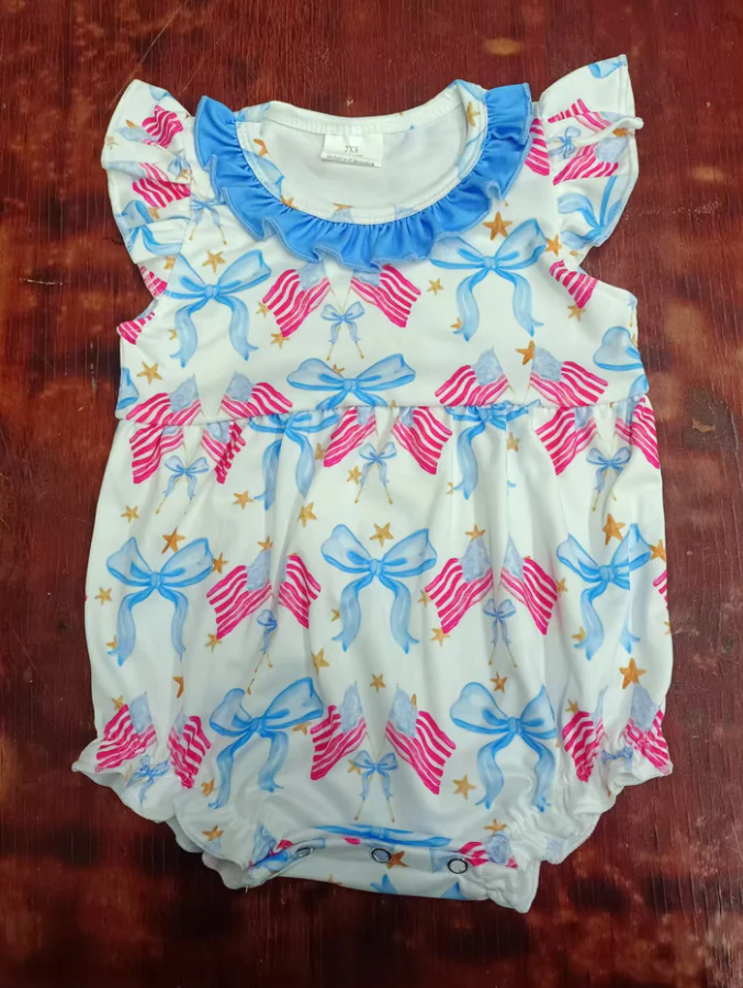 5.16 Preorder moq 5 Baby Girls Flutter Sleeves Blue Red Flags Bows 4th Of July Ruffle Romper