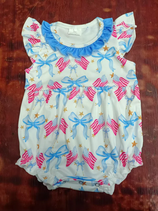 5.16 Preorder moq 5 Baby Girls Flutter Sleeves Blue Red Flags Bows 4th Of July Ruffle Romper