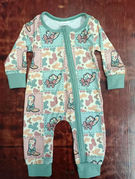 5.16 Preorder moq 5 Baby Boys Aqua Long Sleeves Colorful Camo Boots Hats Zipper Pant Rompers