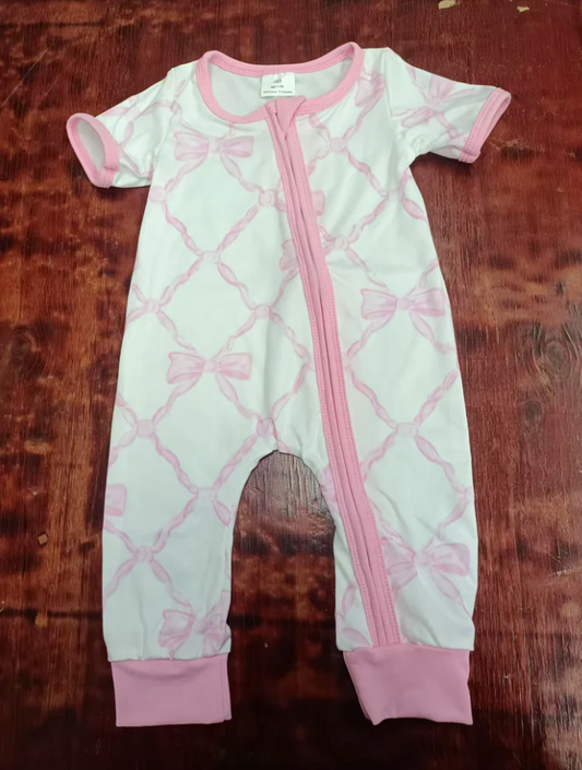 5.16 Preorder moq 5 Baby Girls Short Sleeves Pink Bows Plaid Zipper Pant Rompers