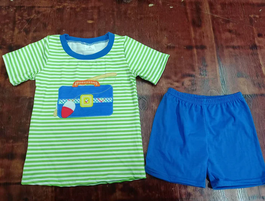 5.17  Preorder moq 5 Baby Boys Green Stripe Short Sleeves Fishing Top Blue Short Set