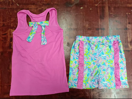 5.17  Preorder moq 5 Baby Girls Pink Sleeveless Bows Top Watercolor Floral Ruffle Short Set