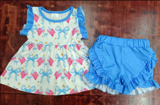 5.17  Preorder moq 5 Baby Girls Blue Sleeveless Red Flags Bows Tunic Ruffle Short 4th Of July Set