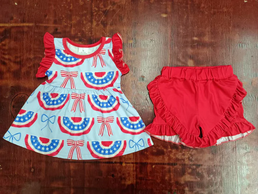5.17  Preorder moq 5 Baby Girls Red Sleeveless Blue Stars Bows Tunic Ruffle Short 4th Of July Set
