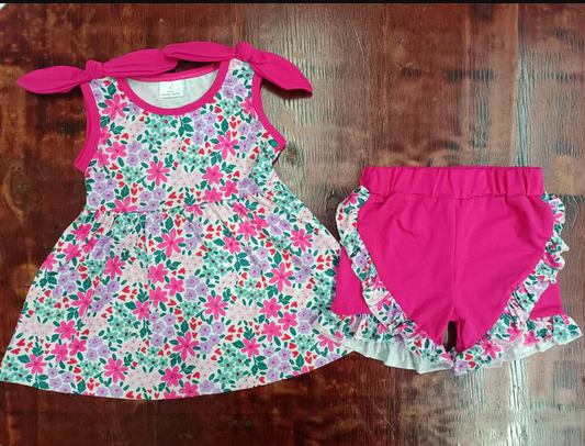 5.17  Preorder moq 5 Baby Girls Pink Strap Floral Tunic Ruffle Short Set