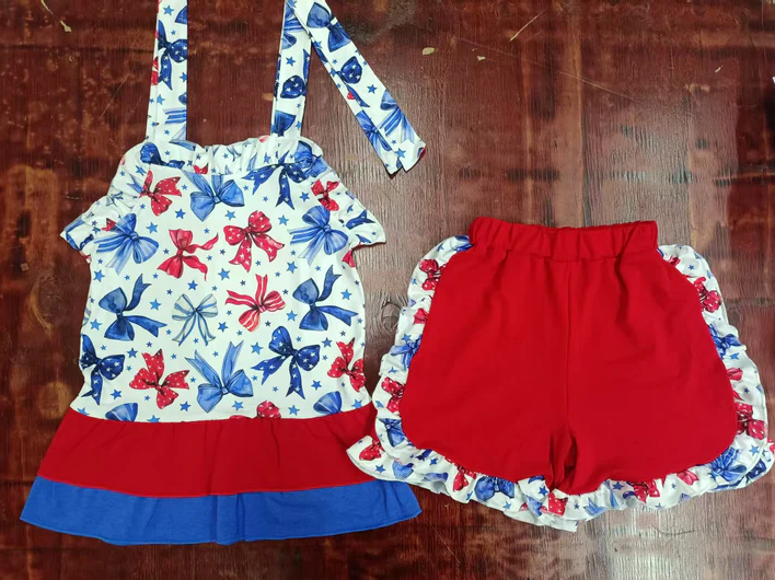 5.17  Preorder moq 5 Baby Girls Strap Blue Red Bows Stars Tunic Ruffle Short 4th Of July Set