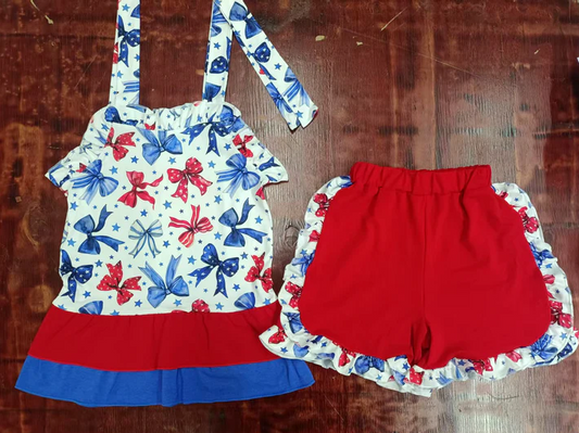 5.17  Preorder moq 5 Baby Girls Strap Blue Red Bows Stars Tunic Ruffle Short 4th Of July Set