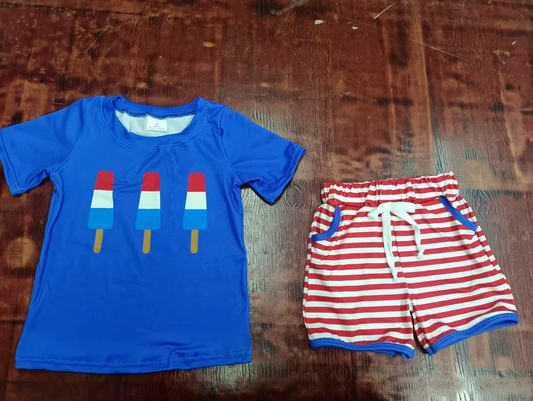 5.17  Preorder moq 5 Baby Boys Hot Blue Popsicle Top Red Stripe Pockets Short 4th Of July Set